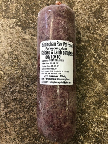 Raw Minced CHICKEN & LAMB Complete. Birmingham Raw Food (80/10/10 ratio) 454g