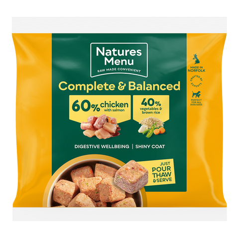 NATURES MENU RAW MEALS  60/40 CHICKEN WITH SALMON, VEGETABLES AND BROWN RICE 500G FOR ADULT DOGS